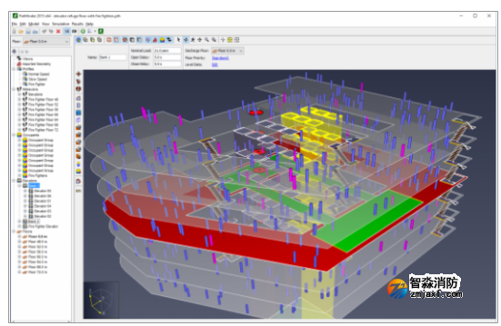 Pathfinder人員疏散能力模擬分析軟件模型，其中避難層由電梯撤